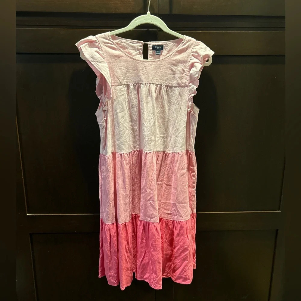 J. Crew Tiered Ruffle Pink Linen Mini Dress Sundress - Picture 2 of 5